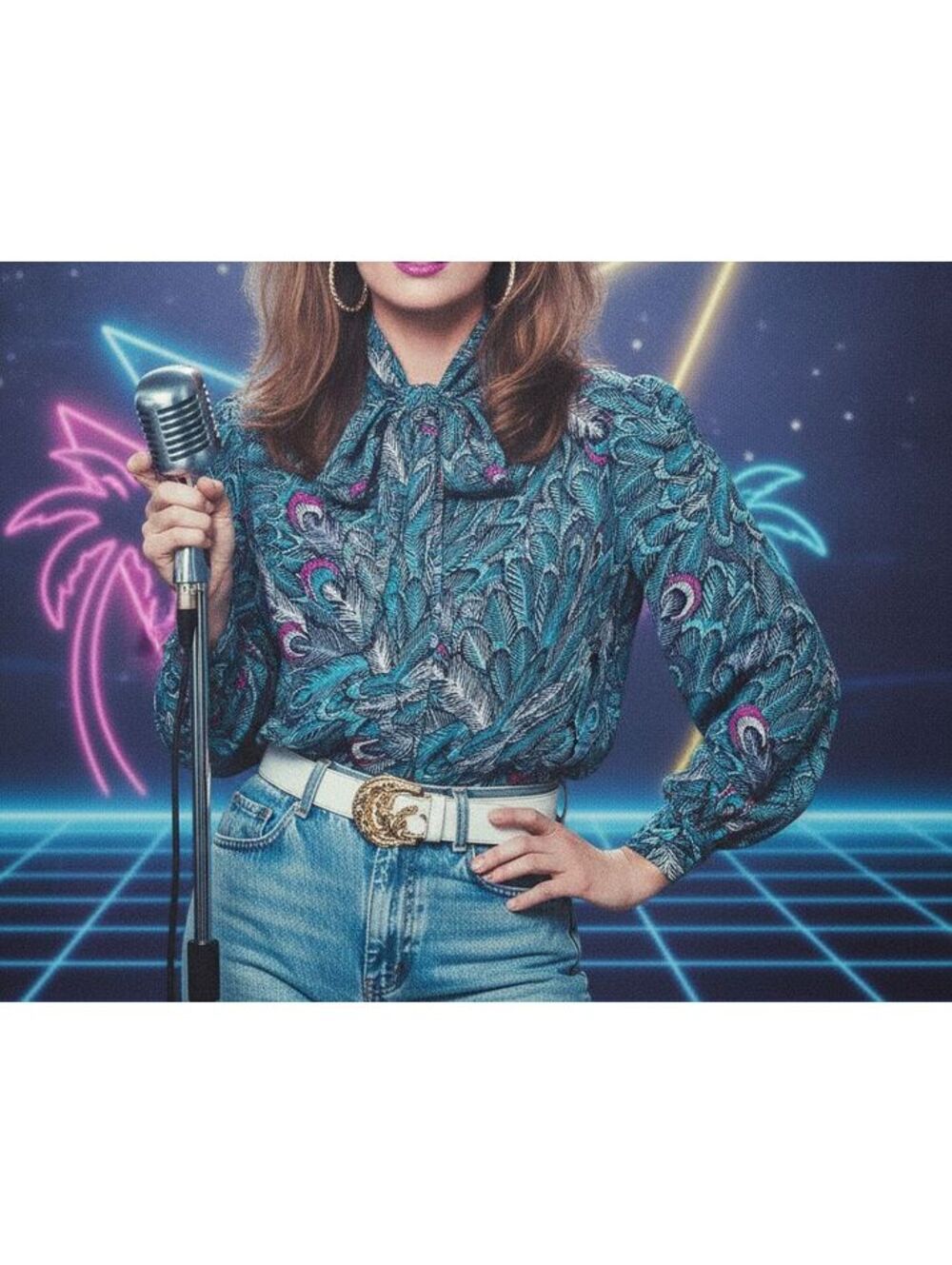 Vintage 1980s Pykettes Silk Blue Purple Peacock Feather Print Blouse with Neck T